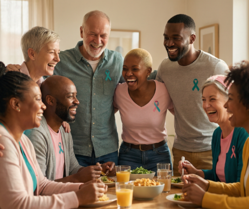 Photo of a group of smiling people wearing the cancer ribbon