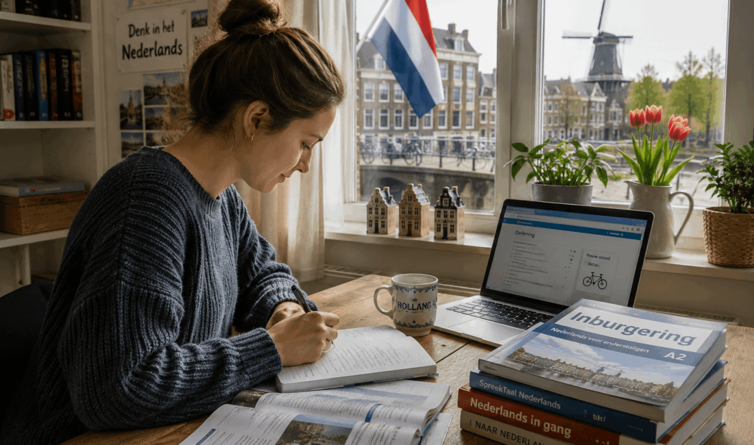 Young woman sitting next to a window studying for the dutch language exams